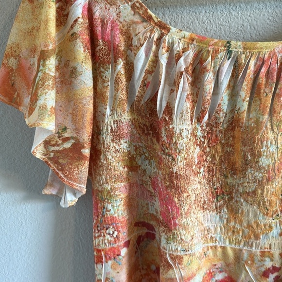 Jane Ashley Short sleeve, smocked bodice size XL yellow orange design Gold studs - Picture 5 of 14